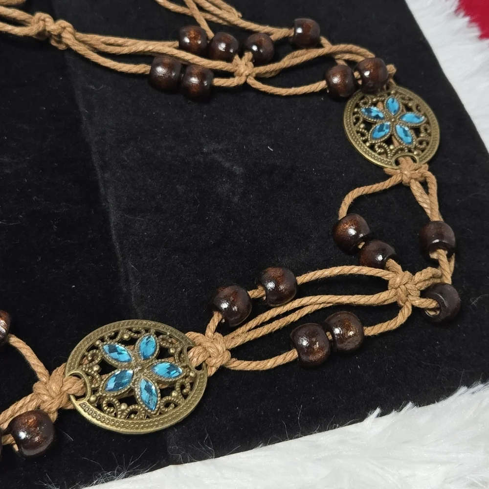 Boho Rope Belt Teal Rhinestone Bronze Floral Medallion Beaded Tie Waist 67